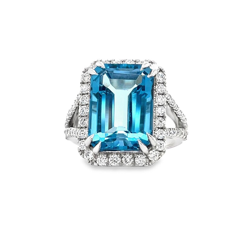 Blue topaz double halo diamond ring in 14K gold